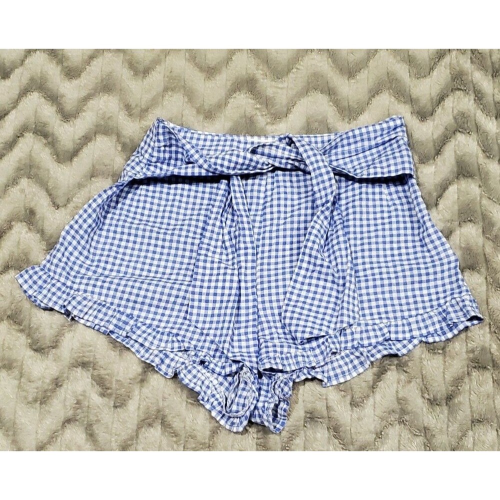 H&M Womens Size 12 Blue Plaid Gingham Tie Front Shorts Cottage Core Prairie